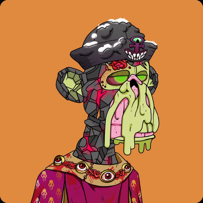 The image features a cartoon monkey wearing a hat, with its face covered in green goo. The monkey appears to be in distress or discomfort due to the goo covering its face. The background of the image is orange, which contrasts with the purple outfit worn by the monkey. There are no other objects or text present in the image.