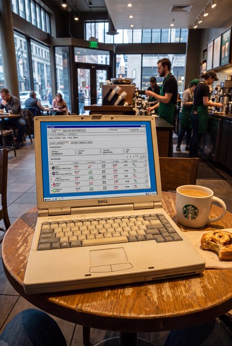 A vintage Dell laptop sits on a round wooden table at Starbucks, displaying what appears to be a stock screener or trading interface, with a latte and pastry beside it, while baristas work in the background.