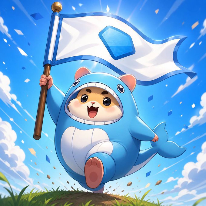 A cartoon-style illustration of a cute, round hamster character wearing a blue shark costume and holding a white flag with a blue gem logo, running happily across a grassy hill under a bright blue sky.