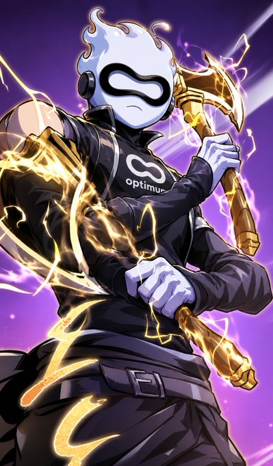 An anime-style character with white hair and an infinity-symbol visor wears a black Optimus jacket and wields a glowing golden axe with electric energy.
