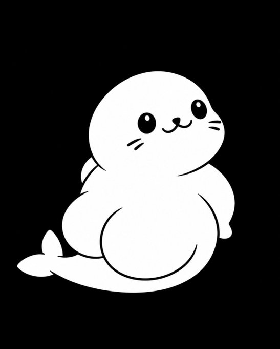 A simple cartoon illustration shows a cute white seal character with a smiling face against a black background.