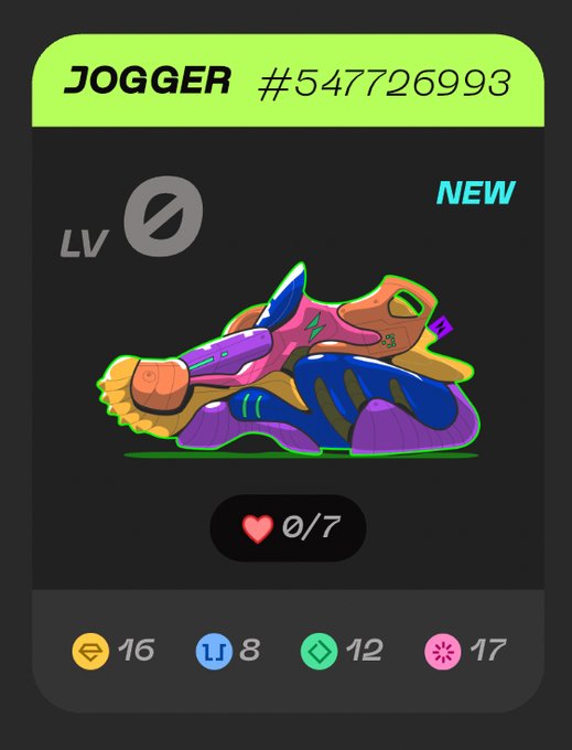 A digital collectible card displays a colorful sneaker labeled 'JOGGER #547726993' with a 'NEW' tag, marked as LV level zero with 0/7 hearts and stats of 16, 8, 12, and 17.