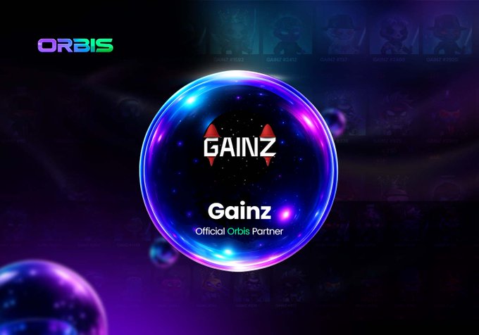 The image displays a glowing cosmic orb against a purple nebula background with the text "ORBIS" in the top-left corner and a circular badge reading "GAINZ Gainz Official Orbis Partner," visually representing the new partnership announcement between Orbis and the Gainz NFT collection, whose character cards are faintly visible in the background.
