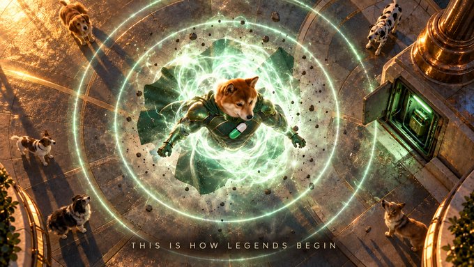 An aerial view of a Shiba Inu dog wearing a green armored suit surrounded by a glowing green energy portal, with the tagline 'THIS IS HOW LEGENDS BEGIN'.
