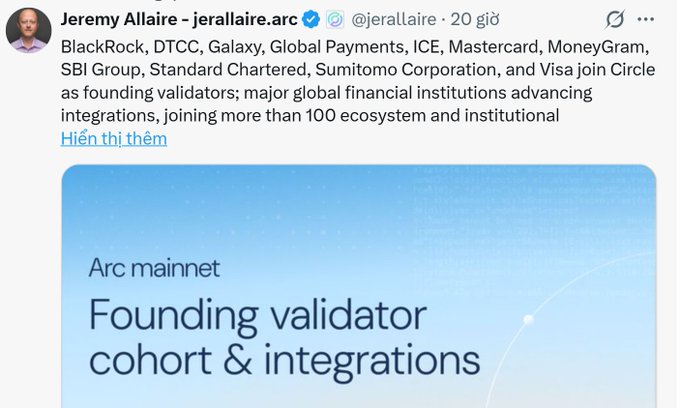 A tweet by Jeremy Allaire (@jerallaire) announcing that BlackRock, DTCC, Galaxy, Global Payments, ICE, Mastercard, MoneyGram, SBI Group, Standard Chartered, Sumitomo Corporation, and Visa have joined Circle as founding validators for Arc mainnet.