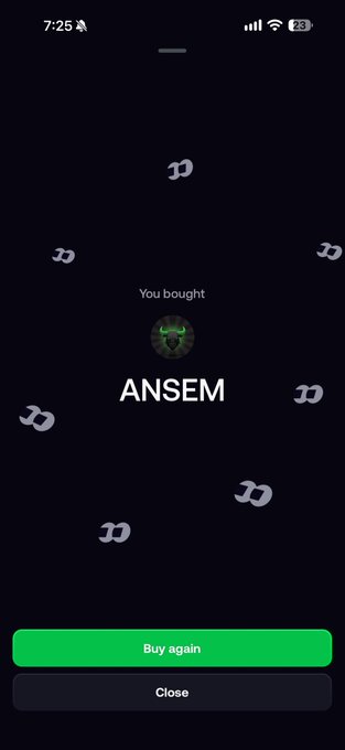 A mobile app confirmation screen reading 'You bought ANSEM' with a green 'Buy again' button and a 'Close' button on a dark background with stylized logos.
