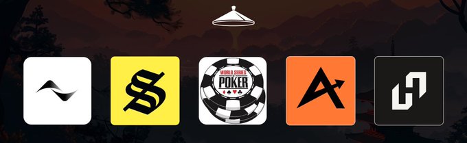 A row of five app icons for Solana-based projects (AX, Solana, World Series of Poker, Archer, and an unknown platform) displayed against a dark mountain landscape, illustrating key Solana ecosystem milestones including AX tokenized stock volume, Hylo's processed volume, and WSOP buy-ins via Moonpay.