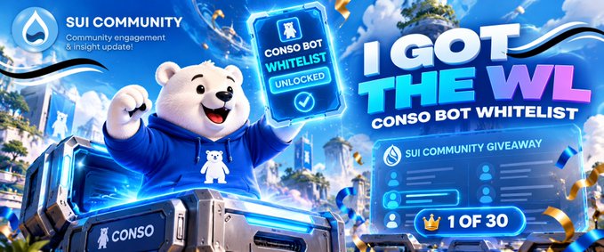 A promotional graphic for the SUI Community features a bear mascot and reads 'I GOT THE WL' and 'CONSO BOT WHITELIST UNLOCKED,' with details of a giveaway capped at '1 OF 30'.
