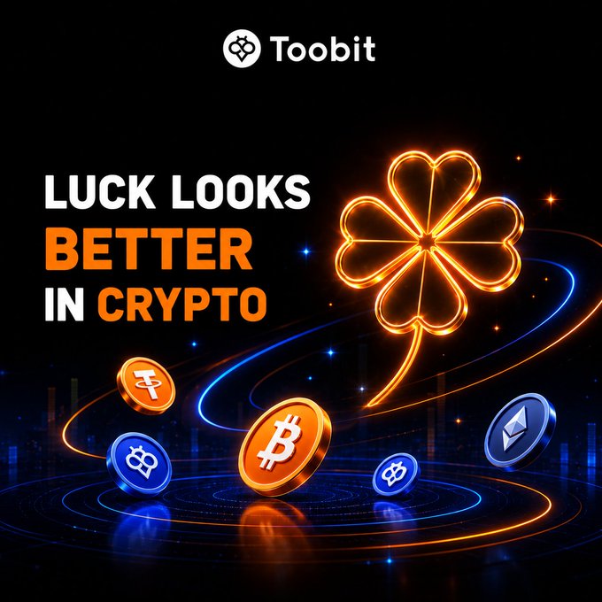 A Toobit cryptocurrency advertisement featuring the slogan 'LUCK LOOKS BETTER IN CRYPTO' alongside a glowing four-leaf clover and floating Bitcoin, Tether, and Ethereum coins.