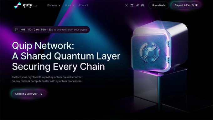 The image features a website called Quip Network, which appears to be focused on developing practical infrastructure for both classical and quantum computing. The website has a dark background with purple and blue elements that make it stand out. It showcases a silver cube-shaped object, possibly representing a shared Quantum Layer, surrounded by other objects like a computer monitor and a keyboard. The image also includes text that reads "A Shared Quantum Layer securing Every Chain", which highlights the purpose of the network's development.
