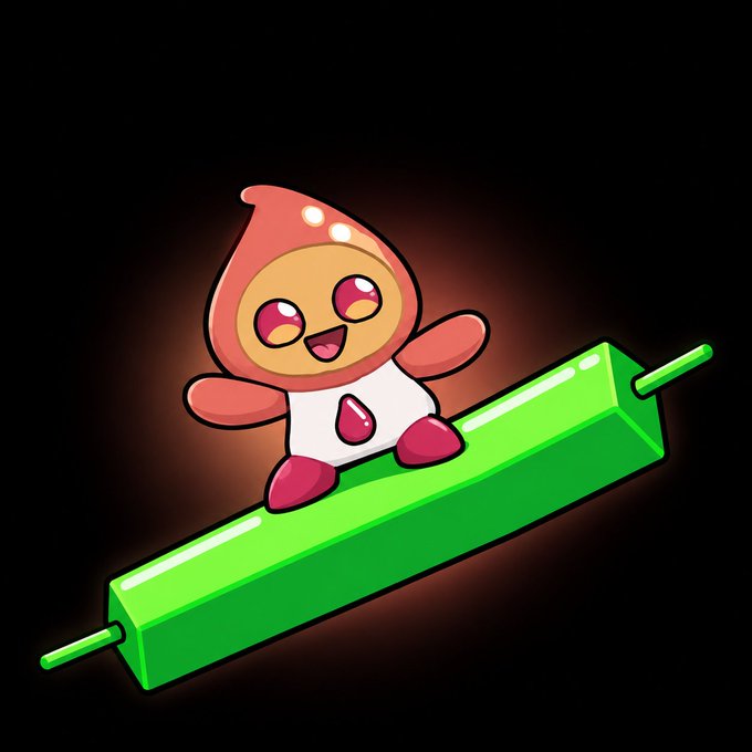 A cartoon illustration of a cute red-hooded character with large pink eyes standing on a glowing green rectangular block against a black background.