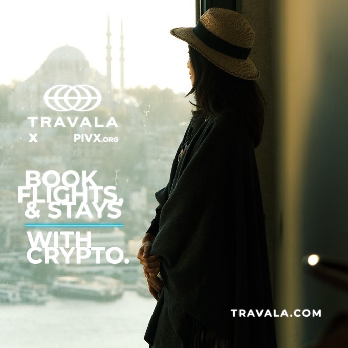 An advertisement showing a person wearing a straw hat looking out a window at a city with mosques; overlaid text says 'TRAVALA x PIVX.org', 'BOOK FLIGHTS & STAYS WITH CRYPTO.', and 'TRAVALA.com'.