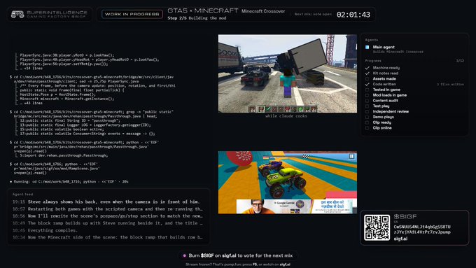 A livestream interface showing "GTA5 + MINECRAFT Minecraft Crossover" with a chat log on the left, two video feeds on the right, and a QR code at the bottom.