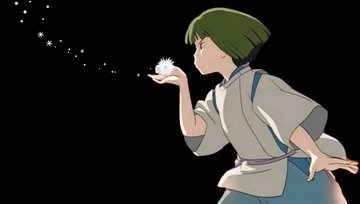An anime-style character with short brown hair holds a glowing white flower, with sparkles floating upward against a black background.