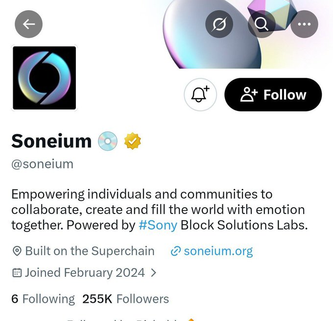 The image shows the X (Twitter) profile of Soneium (@soneium), an official Sony-backed blockchain platform on Optimism's Superchain with 255K followers, displaying their mission to "empower individuals and communities to collaborate, create and fill the world with emotion together." The profile is referenced in a skeptical post asking whether Soneium has any TGE (Token Generation Event) plans before potentially shutting down, highlighting community concern about the project's future.