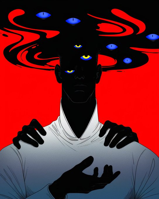 A silhouetted figure in a white shirt stands against a vivid red background, their head surrounded by swirling dark tendrils filled with glowing blue and yellow eyes, while shadowy hands reach up toward their face—evoking the surreal, haunting aesthetic typical of NFT art featured in communities like ITIA, which celebrates creativity and belonging.