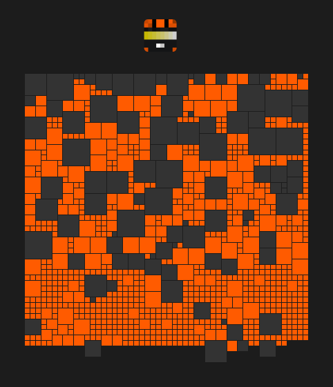 A screenshot of a brick-breaking video game with most of the orange bricks destroyed, and a small three-colored paddle at the top of the screen.
