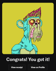 A colorful Bored Ape-style cartoon monkey with blue fur, a pink mohawk, and red heart-eyes is displayed above the text "Congrats! You got it!" with buttons to "View receipt" and "View on Profile," celebrating a successful purchase of a Mutant Ape Yacht Club (MAYC) NFT as mentioned in the post.