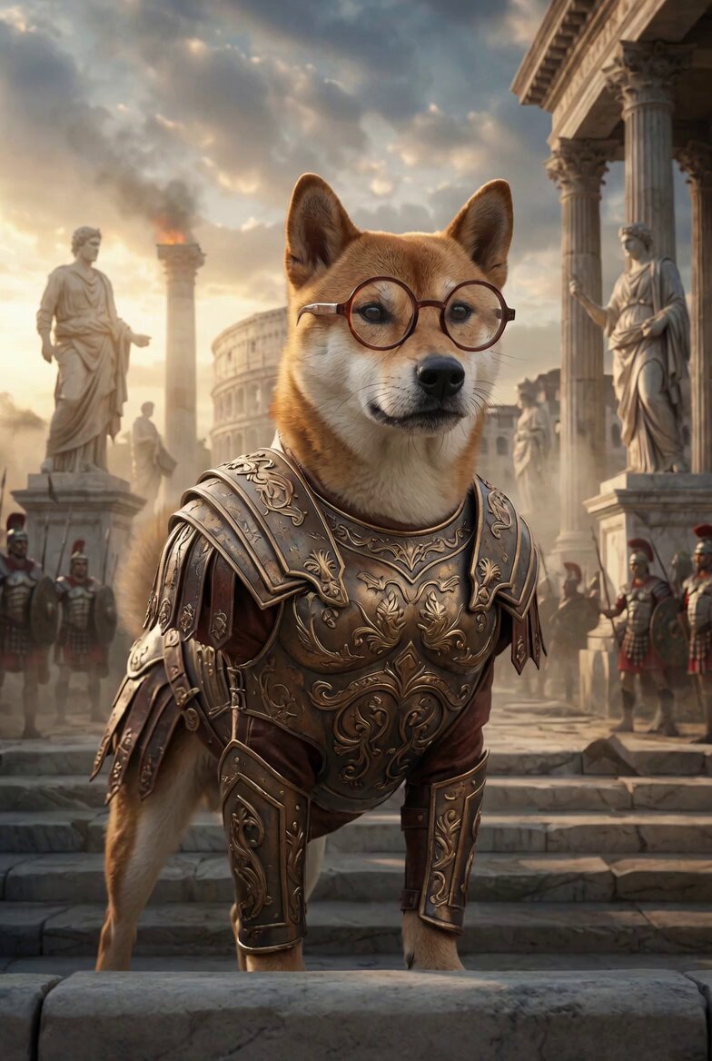 The image features a dog wearing a suit of armor, standing on a stone staircase with a Roman numeral design at the bottom. The caption reads "Dogeus Maximus Ð", which refers to the character Dogeus from the movie "The Legend of Zelda: Twilight Princess". This suggests that the image is related to the popular video game series and its characters.