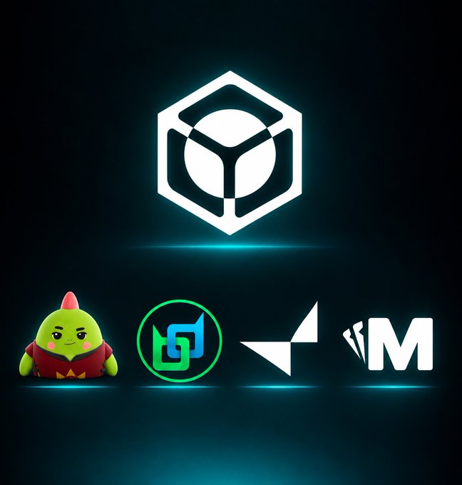 A graphic showing a hexagonal logo above four cryptocurrency/community icons, including a green character, a circular logo, an arrow symbol, and the letter 'M' on a dark teal background.