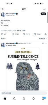 A screenshot of a Twitter post by Elon Musk (@elonmusk) stating "No more AI" and "It's better," with a reply promoting his book "SUPERINTELLIGENCE" by Nick Bostrom, illustrated with an owl on the cover.