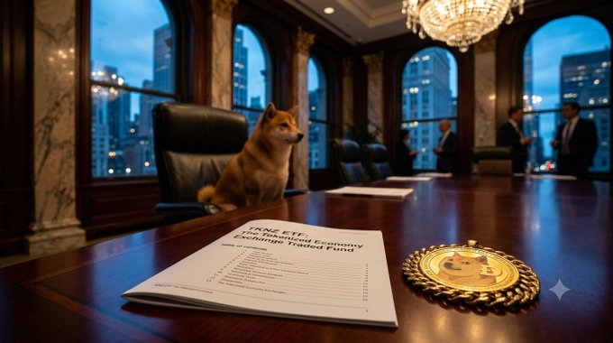 A Shiba Inu sits regally at the head of an ornate corporate boardroom table, next to a document referencing a "Tokenized Economy Exchange-Traded Fund" and a gold cryptocurrency medallion, visually illustrating the post's reveal that Dogecoin ($DOGE) is the sole memecoin included in T. Rowe Price's groundbreaking new multi-token crypto ETF.