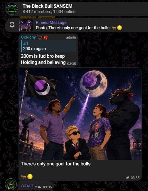 A Discord screenshot from "The Black Bull $ANSEM" (8,412 members) shows a pinned message reading "Photo, There's only one goal for the bulls." featuring anime-style artwork of figures gazing at a purple moon beside a bull, with 200m price targets mentioned in the chat—context for the $GMEBULL promotion as a beta play to ANSEM's 450M milestone.