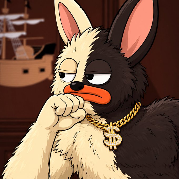 A digital illustration of a half-black, half-white furry creature with a bored expression, wearing a gold chain with a diamond-encrusted dollar sign pendant, set against a dark background featuring a ship.