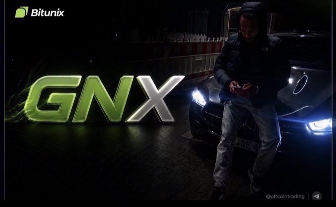 A promotional image for Bitunix featuring a person leaning against a car at night with large 'GNX' text in green and silver, tagged @aitcointrading.
