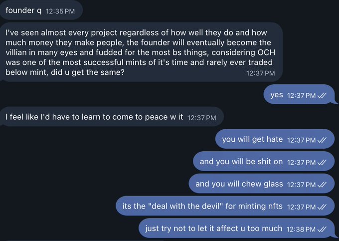 A Telegram DM conversation where a user named "founder q" shares their experience becoming a villain after successfully minting an NFT project (OCH), with the other person responding that hate and criticism are simply "the deal with the devil for minting nfts."