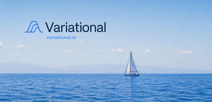 A serene image featuring a sailboat on calm blue waters, overlaid with the "Variational" logo and "variational.io" website text. The nautical scene—capturing a vessel sailing steadily across open seas—visually echoes the post's "delusionally bullish" sentiment, symbolizing Variational smoothly navigating toward distant, fathomed horizons with the potential for even greater heights.