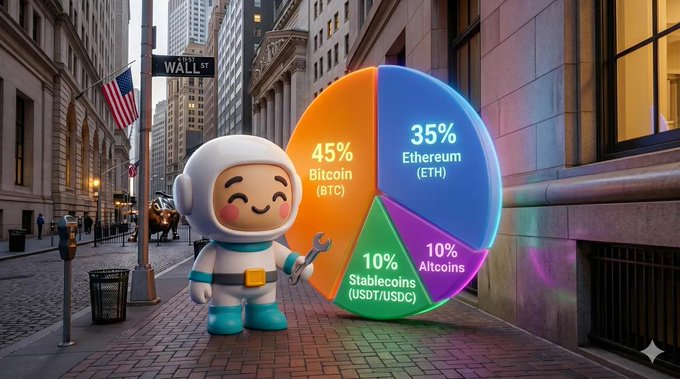 A cartoon astronaut figure holds a wrench next to a colorful pie chart displaying cryptocurrency allocations: 45% Bitcoin (BTC), 35% Ethereum (ETH), 10% Stablecoins (USDT/USDC), and 10% Altcoins, set on a Wall Street street scene.