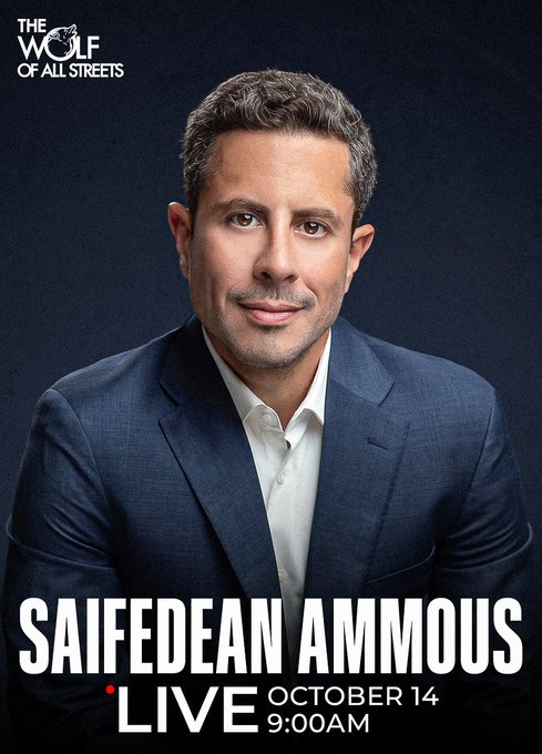 Promotional graphic for "The Wolf of All Streets" featuring Saifedean Ammous, announcing a live discussion on October 14 at 9:00 AM. The post reveals the topic is about Bitcoin's next peak being further away than anticipated.