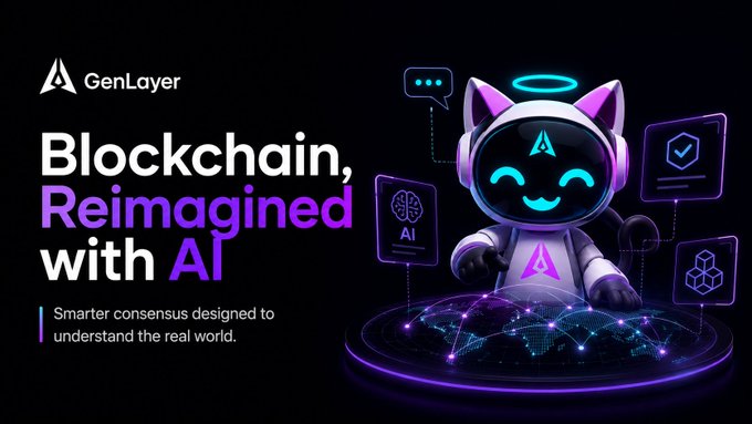 A promotional graphic for GenLayer featuring a futuristic cat mascot with an AI logo, with tagline 'Blockchain, Reimagined with AI' and subtitle 'Smarter consensus designed to understand the real world.'
