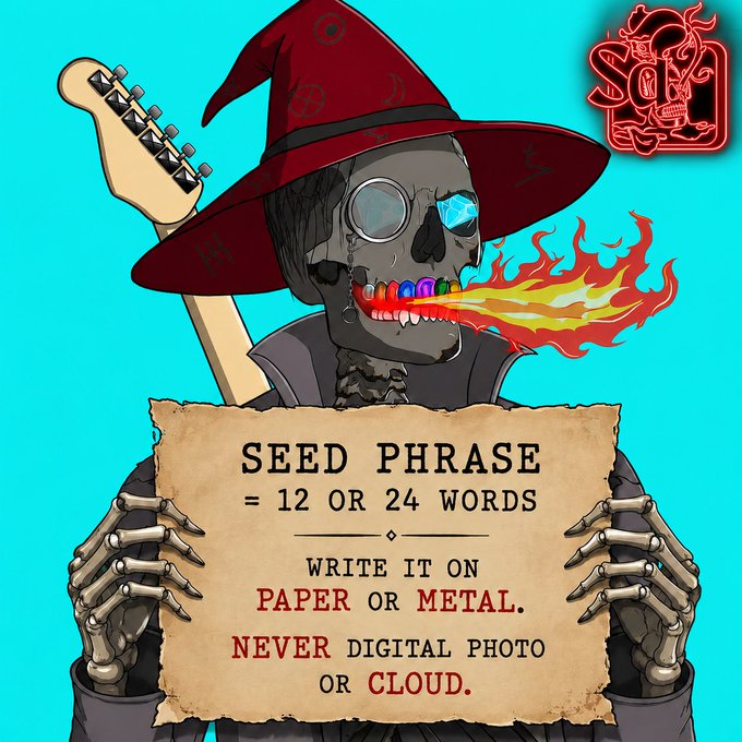 A graphic featuring a skeleton in a red wizard hat breathing rainbow fire, holding a parchment that reads 'SEED PHRASE = 12 OR 24 WORDS WRITE IT ON PAPER OR METAL. NEVER DIGITAL PHOTO OR CLOUD.' with an 'SDX' logo in the corner.