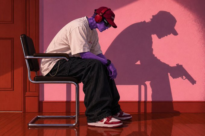 A purple-skinned man in a red cap and white shirt sitting hunched over in a chair against a pink wall, with his shadow on the wall showing him holding a gun.