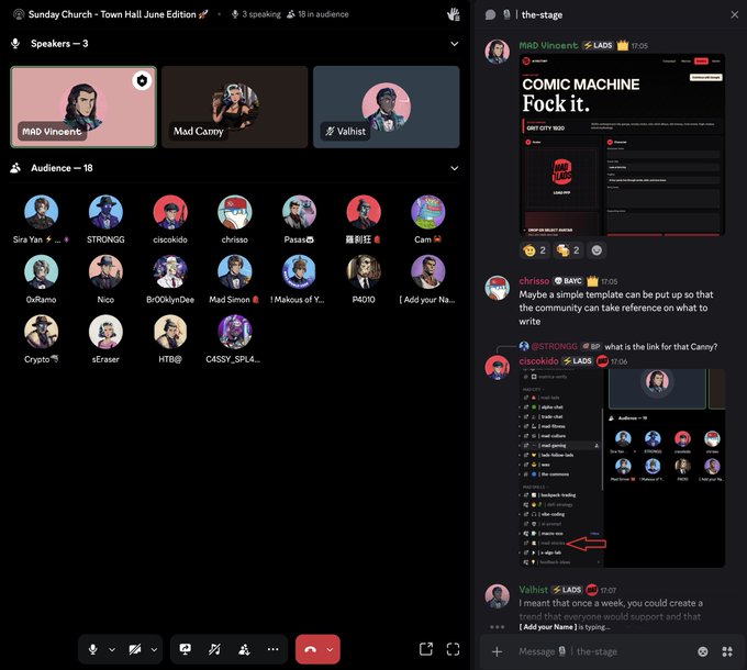 A Discord screenshot showing the "the-stage" voice channel with 3 speakers (MAD Vincent, Mad Canny, Valtist) and 18 audience members during a "Sunday Church" Town Hall meeting, with chat discussing a "COMIC MACHINE" project, a Notion page link shared by chrissa, and Valtist proposing creating a trend—aligning with the post's mention of solid brainstorming at MAD HQ.
