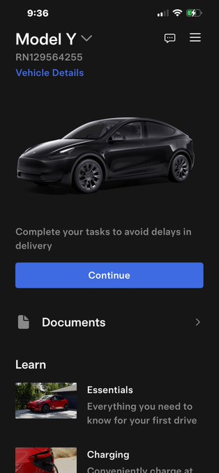 A Tesla mobile app screenshot displaying a black Model Y (RN1295564255) with a 'Continue' button and a message to complete tasks to avoid delivery delays.