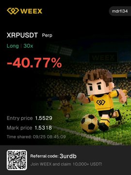 WEEEX trading app screenshot showing an XRPUSDT Perp long 30x position at -40.77%, entry 1.5529, mark 1.5318, with a referral code 3urdb.