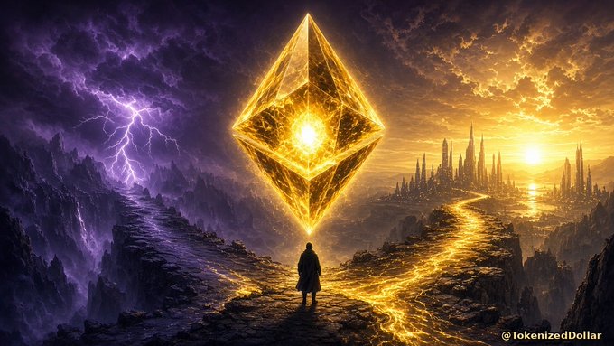 Fantasy digital artwork featuring a glowing golden Ethereum diamond logo floating above a lone figure on a path, split between a dark stormy purple landscape with lightning on the left and a golden sunset city on the right, watermarked '@TokenizedDollar'.