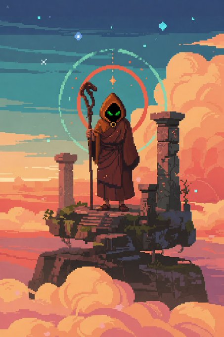 Pixel art fantasy scene featuring a hooded wizard with glowing green eyes holding a staff, standing on a stone platform with ancient pillars, surrounded by orange clouds and a glowing circular halo against a starry sky.
