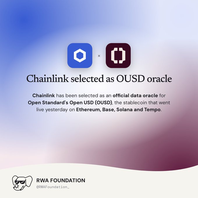 Announcement graphic stating 'Chainlink selected as OUSD oracle' with text explaining Chainlink has been chosen as an official data oracle for Open Standard's Open USD (OUSD) stablecoin on Ethereum, Base, Solana and Tempo, posted by @RWAFoundation_.