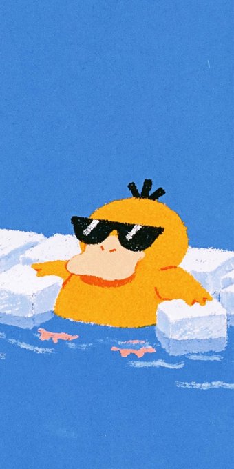 An illustration shows a chubby orange duck-like character wearing black sunglasses lounging in blue water among ice cubes against a bright blue background.