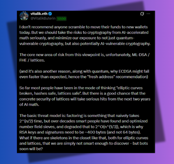 A screenshot of a tweet by Vitalik Buterin (@VitalikButerin) discussing cryptography risks from AI, specifically mentioning ML-DSA/FHE lattices, ECDSA vulnerabilities, and quantum threats to elliptic curves.