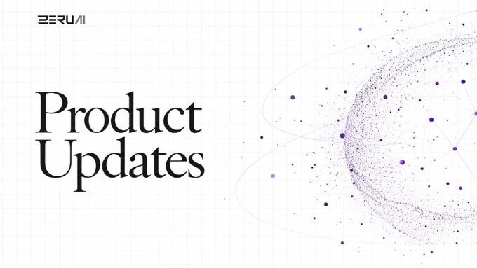 A banner for ZERU AI displaying 'Product Updates' in elegant serif text alongside an abstract purple sphere with scattered dots on a gridded background.