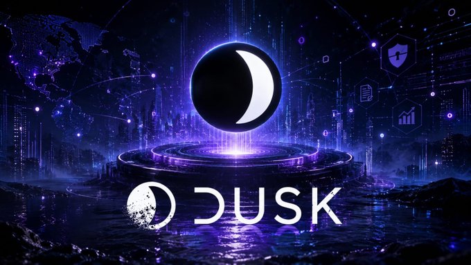 The image features the DUSK logo prominently displayed against a futuristic dark blue backdrop with digital grid patterns, a glowing moon, and tech-themed icons including a shield (security) and chart (analytics). This visually reinforces the post's message about blockchain infrastructure, as the secure and data-driven imagery aligns with themes of reliable node operations and protected upgrades.
