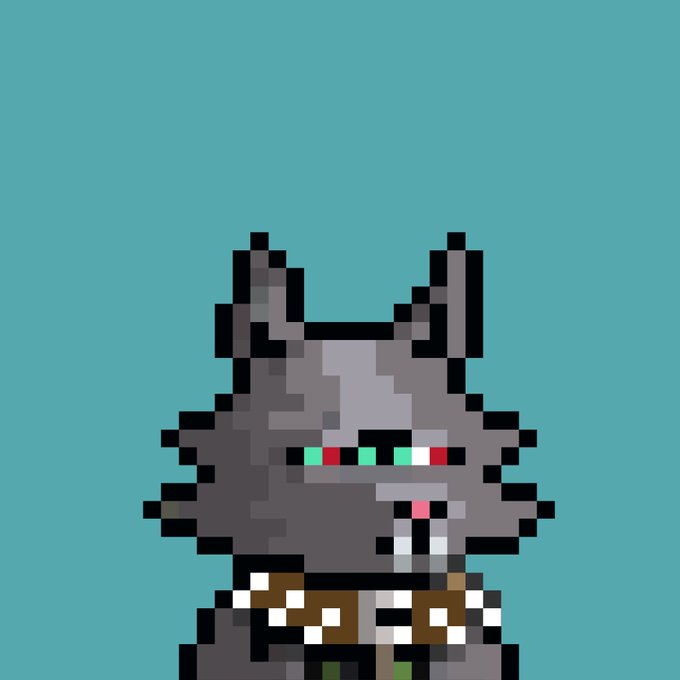 A pixel art portrait of a gray wolf or cat-like character with red and cyan glitched eyes, wearing a spiked collar and brown gear, set against a solid teal background.