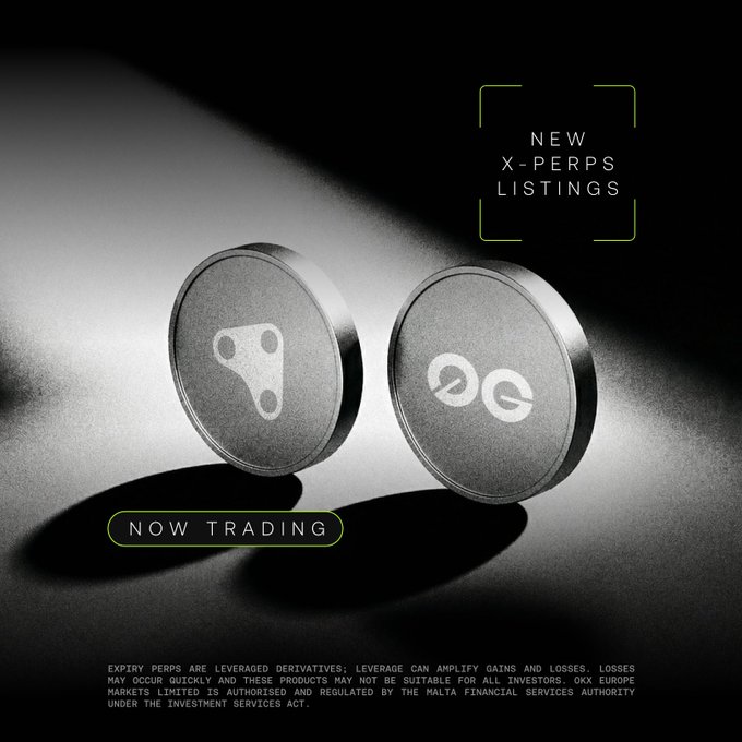 An OKX marketing graphic announcing new X-Perps listings for Render (RNDR) and 0G, featuring metallic coin imagery and a 'Now Trading' label.