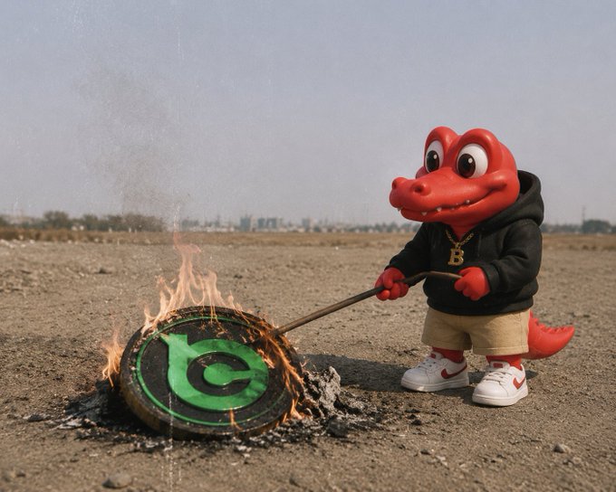 A red cartoon alligator mascot wearing a black hoodie and Nike shoes stands in a desert landscape, using a stick to burn a green cryptocurrency coin on a small fire.