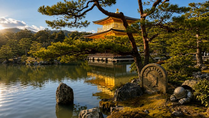 A serene golden temple (Kinkaku-ji) reflected in a tranquil pond, with a tombstone reading 'IRON TAILS' and a small armored figure beside it in the foreground.